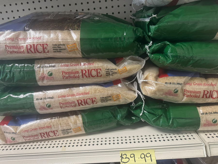 Par Excellence Premium Parboiled Rice 25lb bags on shelf