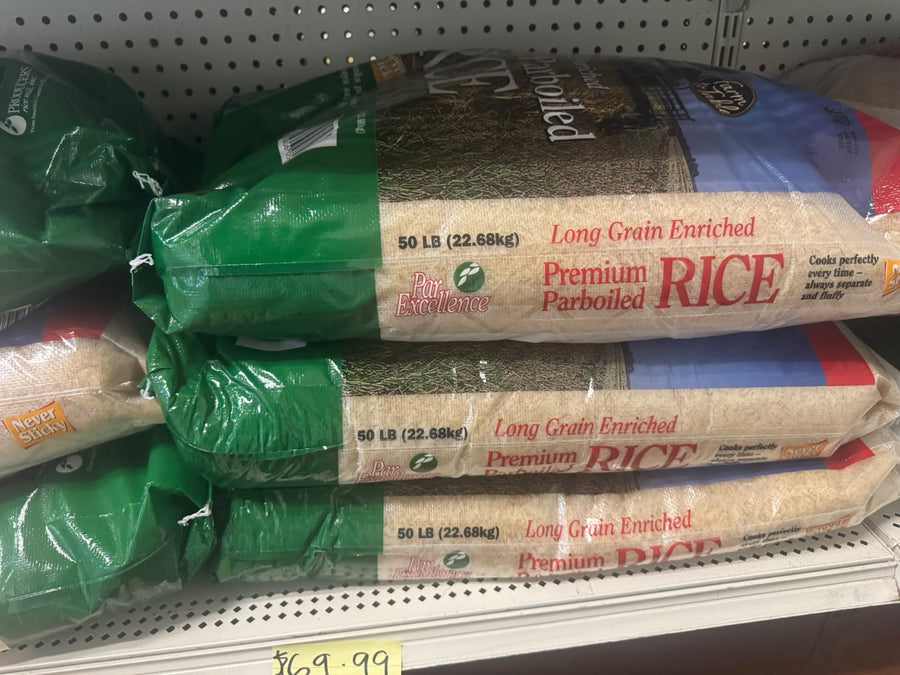 Par Excellence Premium Parboiled Rice 50lb bags on shelf