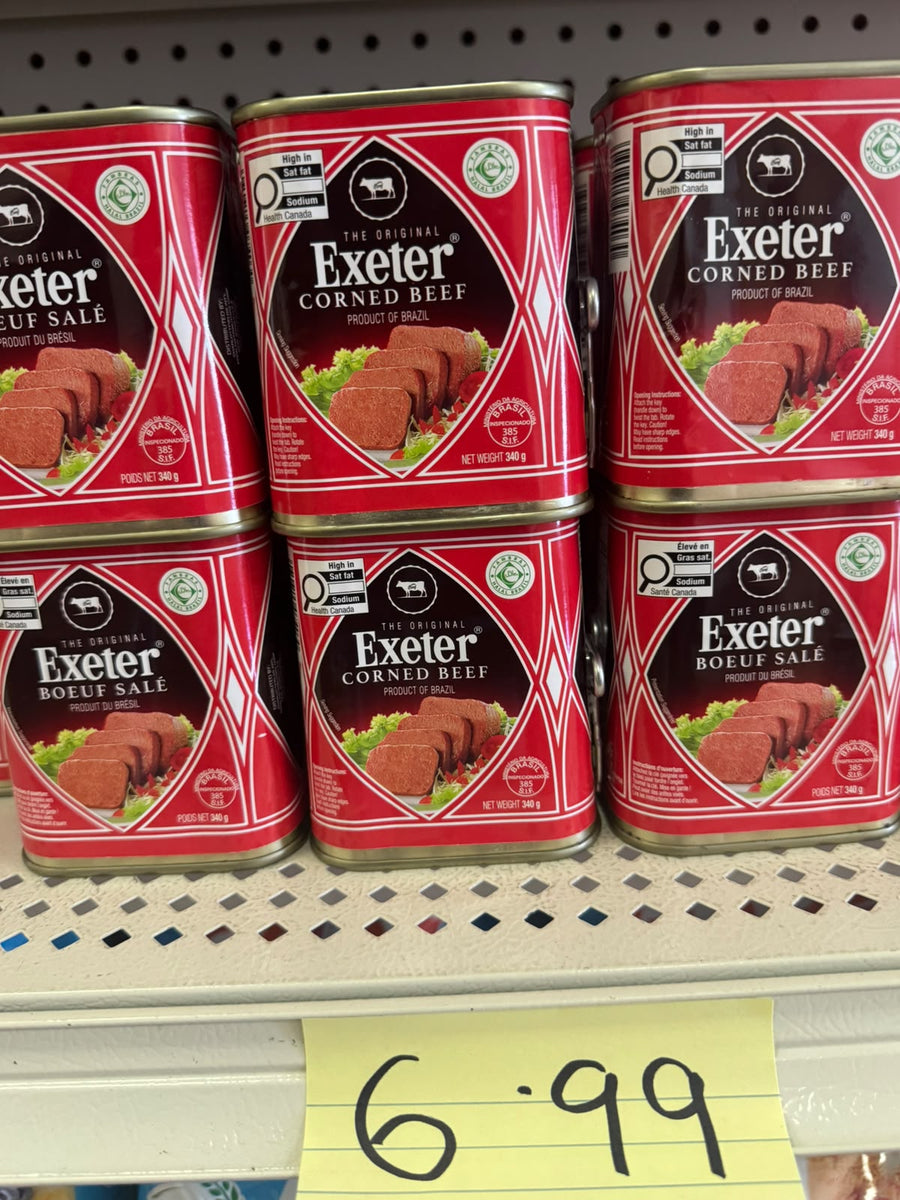 Exeter Corned Beef 340g cans on shelf priced at $6.99