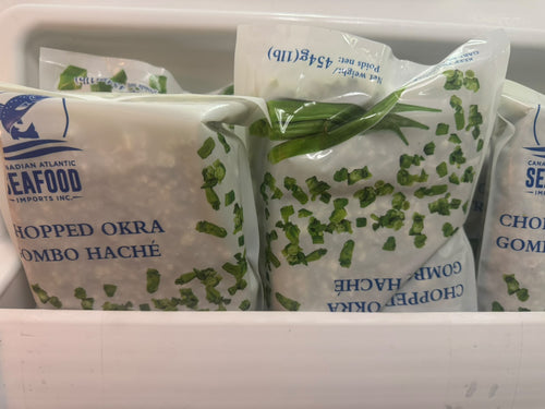 Frozen chopped okra bags in freezer