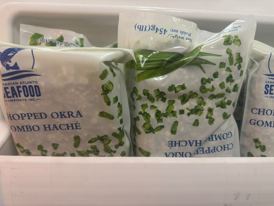 Frozen chopped okra bags in freezer