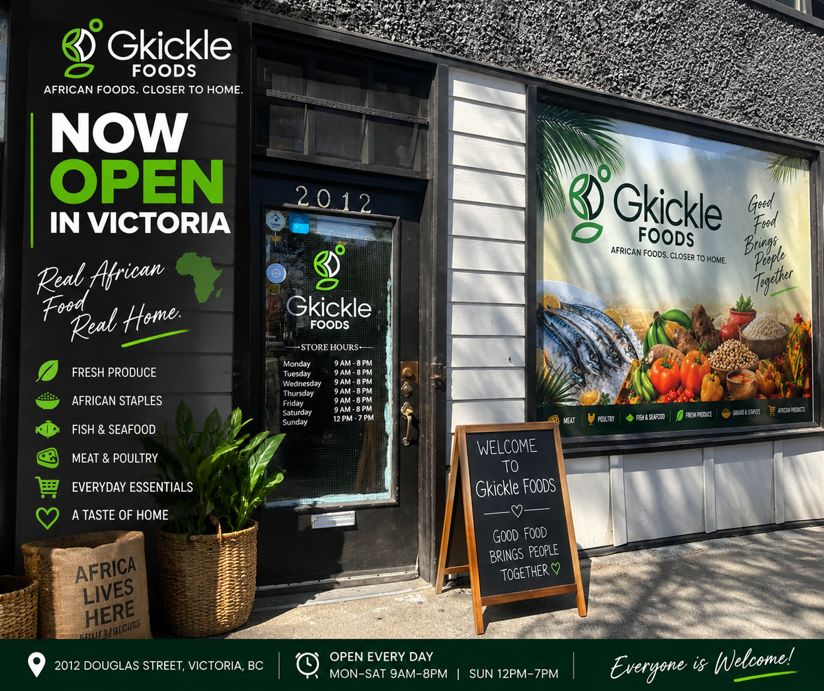 large store front of Gkickle foods ( African Food store) in victoria downtown-